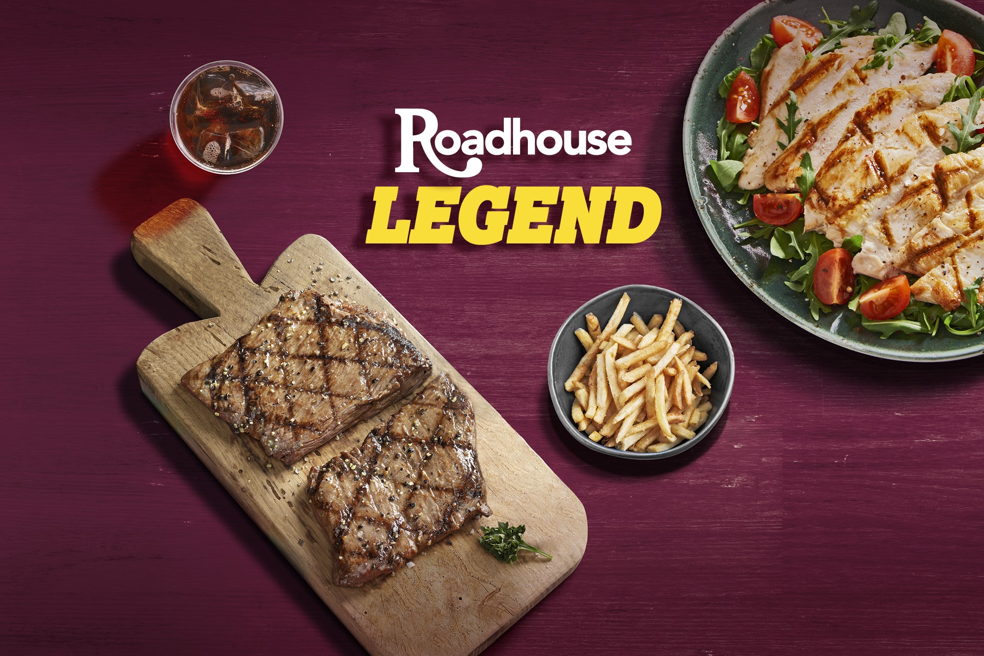 Roadhouse Legend advertising visual featuring a steak meal